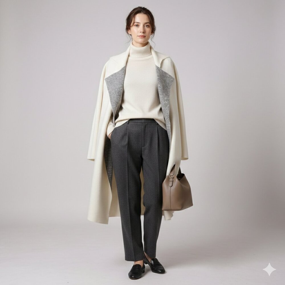 Sofia Cashmere Colorblock Double Face Wrap Coat Neutral Cream Gray Size Medium - Picture 2 of 4